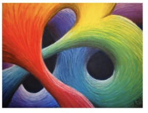Abstract painting with intertwined red, orange, green, and blue forms against black.
